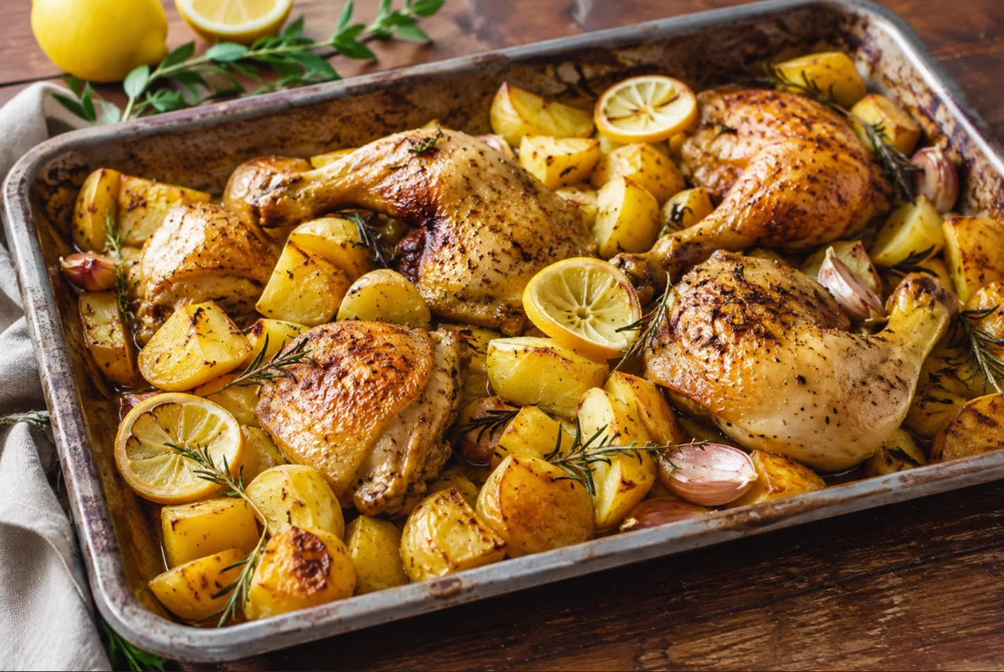 Pollo asado con patatas, ajo y limón